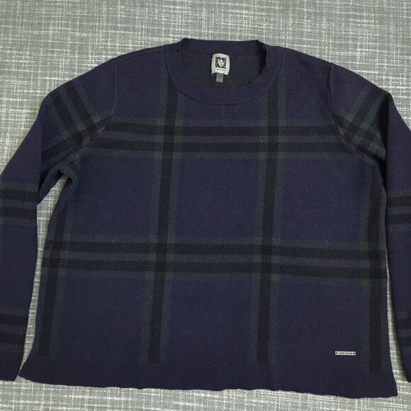 Unique Anne Klein Plaid Sweater Crewneck Women’s L Navy Green Short Boxy Fit - Picture 5 of 7